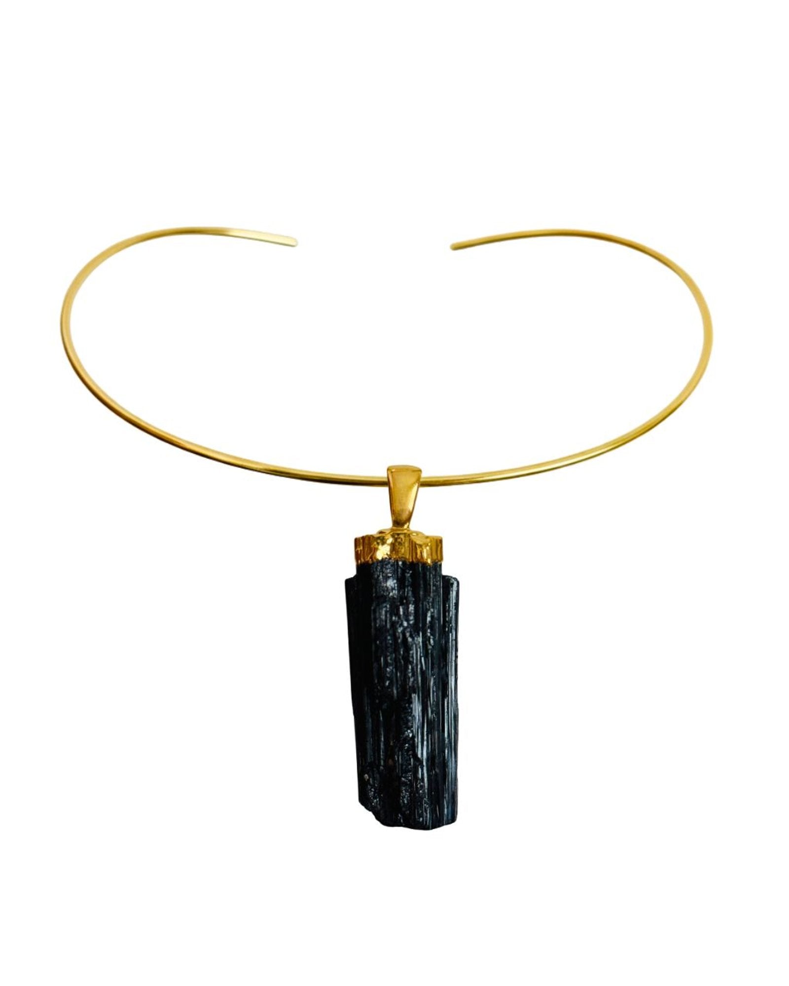 Colar Choker Aro Tubinho Turmalina Negra Cumprida Ouro Semijoia