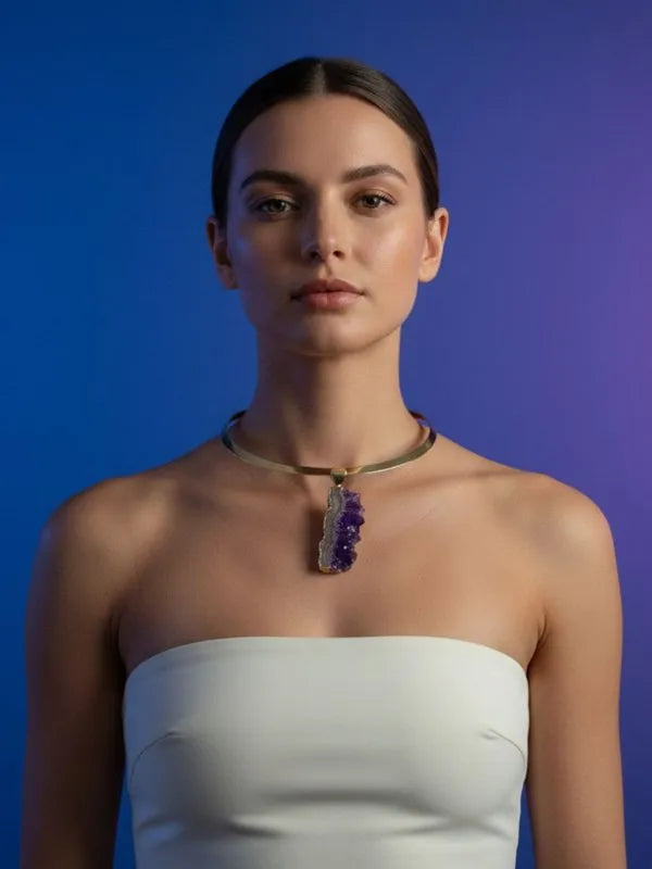 Colar Choker aro liso Drusa de Ametista Ouro Semijoia