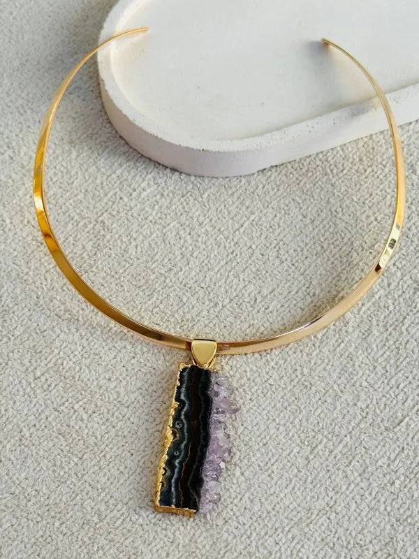 Colar Choker aro liso Drusa de Ametista Ouro Semijoia