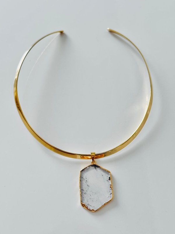 Colar Choker Aro Liso Slice Cristal de Rocha - Ouro Semijoia