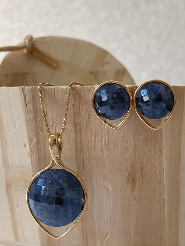 Conjunto Colar e Brinco Perolada Gota Invertida Sodalita Semijoia