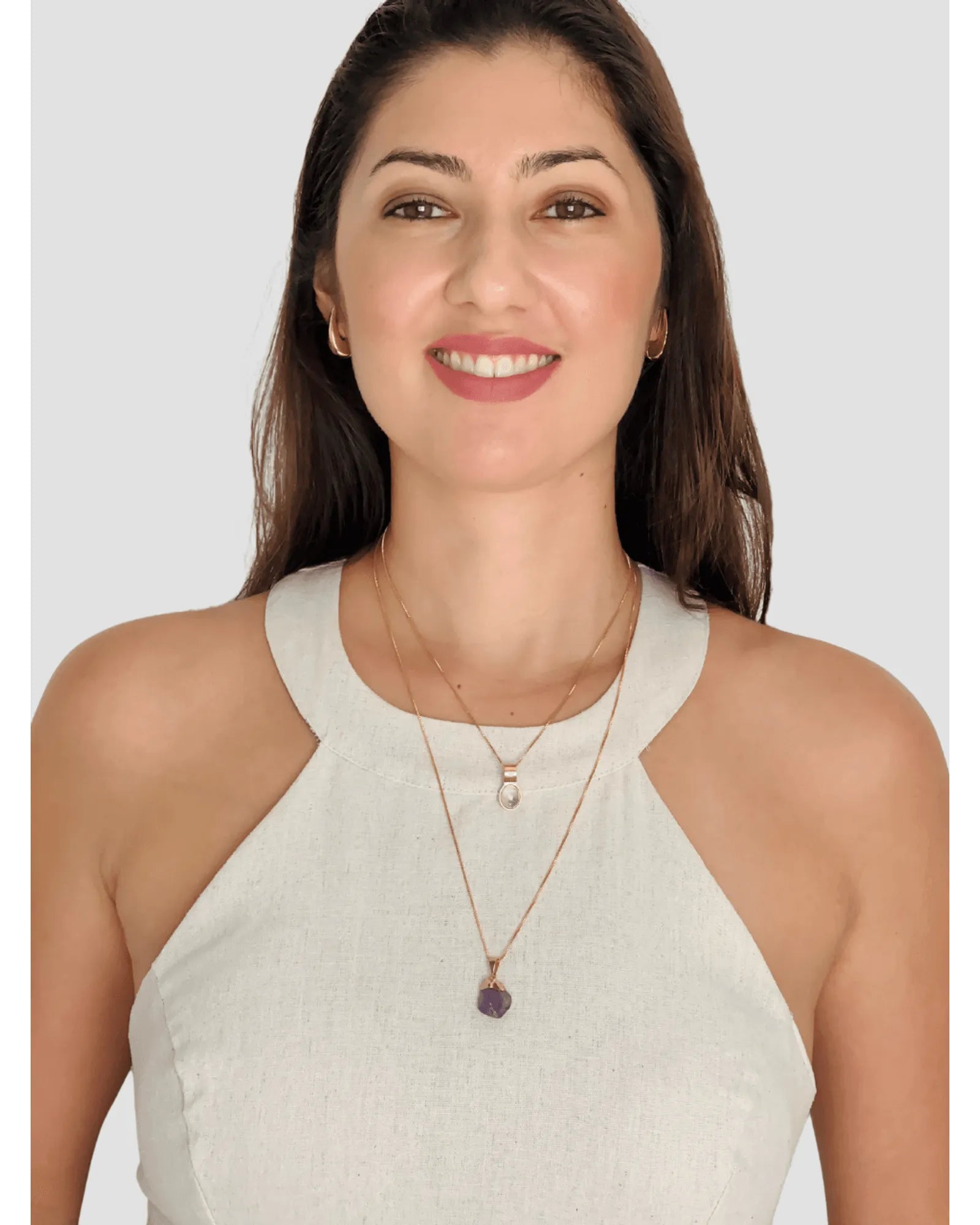 Conjunto Colar e Brinco Oval Ametista Ouro semijoia