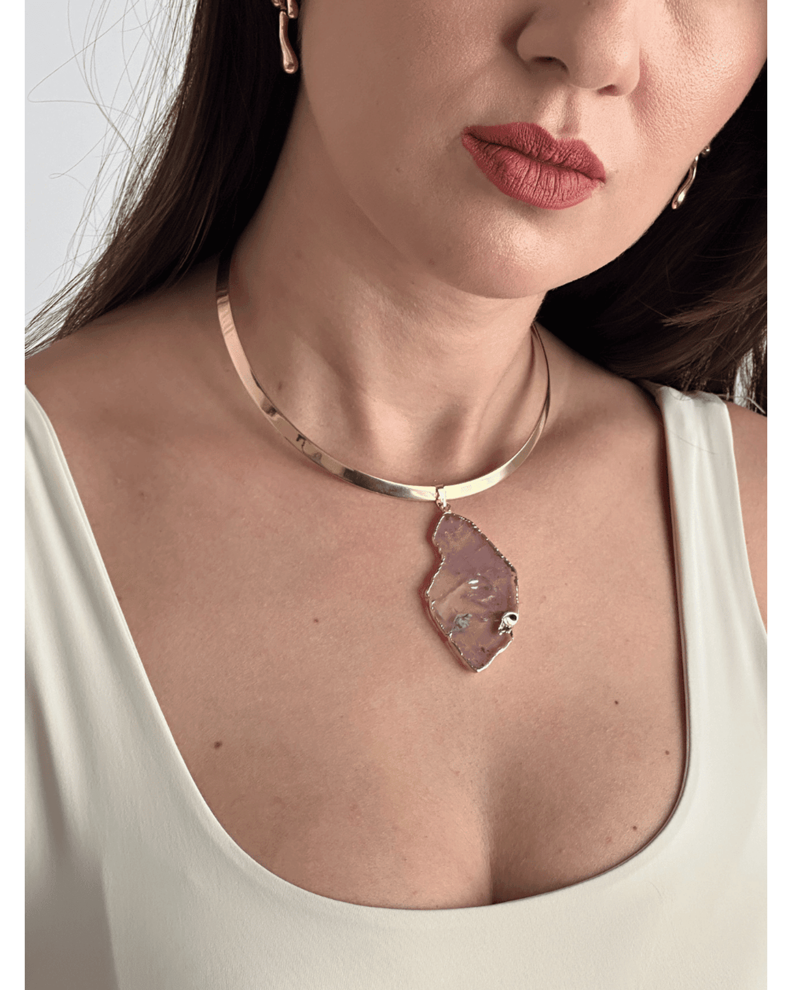 Colar Choker Aro Liso Slice Ametista Ouro Semijoia