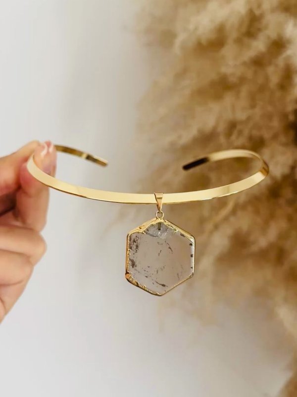 Colar Choker Aro Liso Slice Cristal de Rocha - Ouro Semijoia