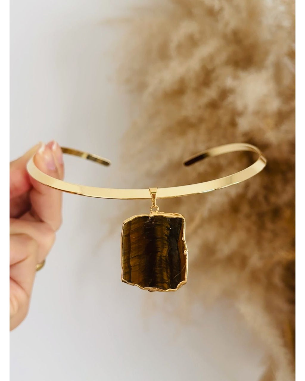 Colar Choker Aro Liso Slice Olho de Tigre Ouro Semijoia