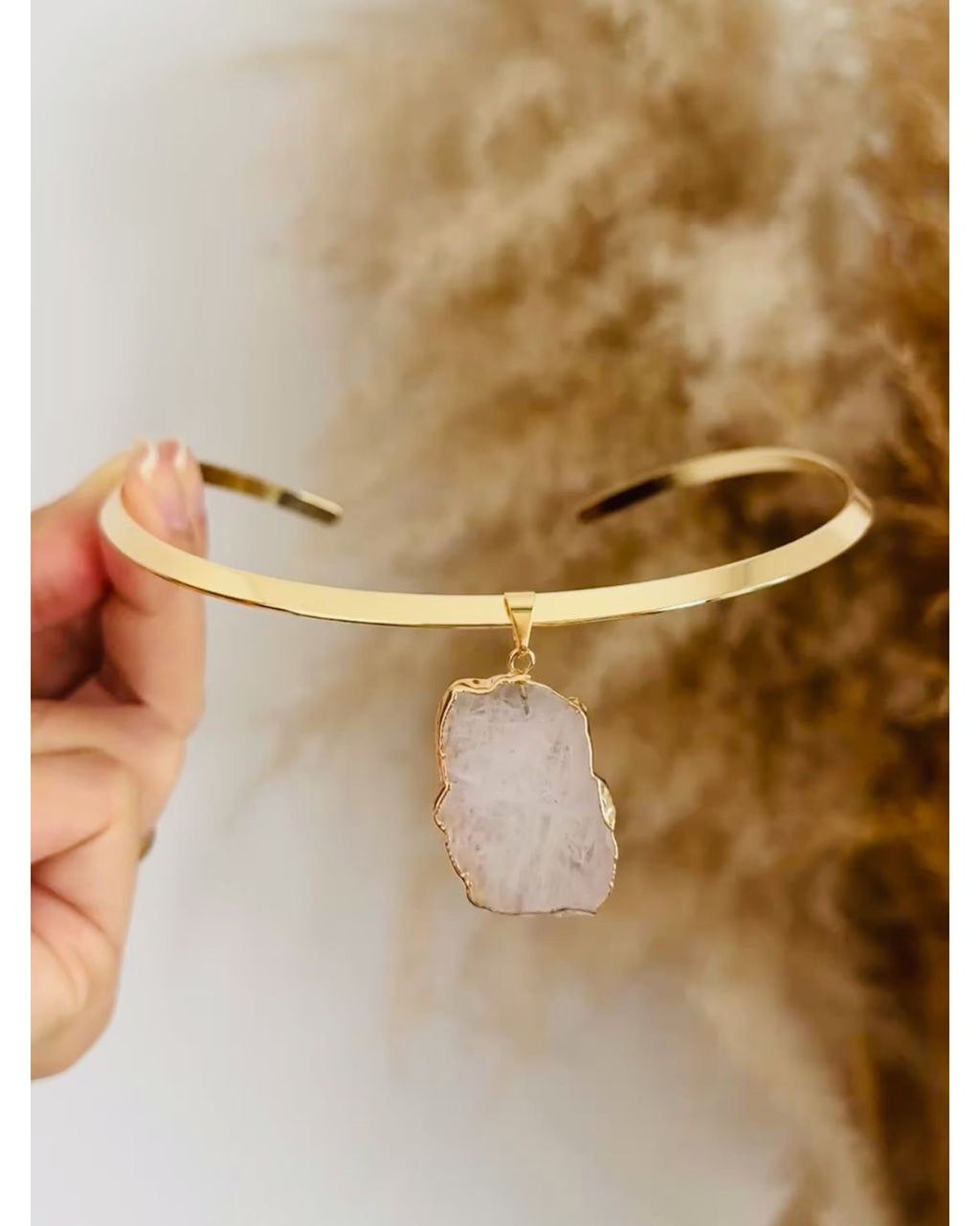 Colar Choker Aro Liso Slice Quartzo Rosa Ouro Semijoia