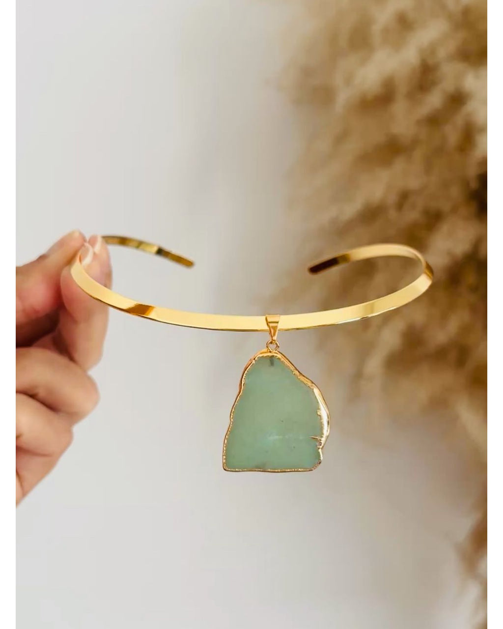 Colar Choker Aro Liso Slice Quartzo Verde Ouro Semijoia