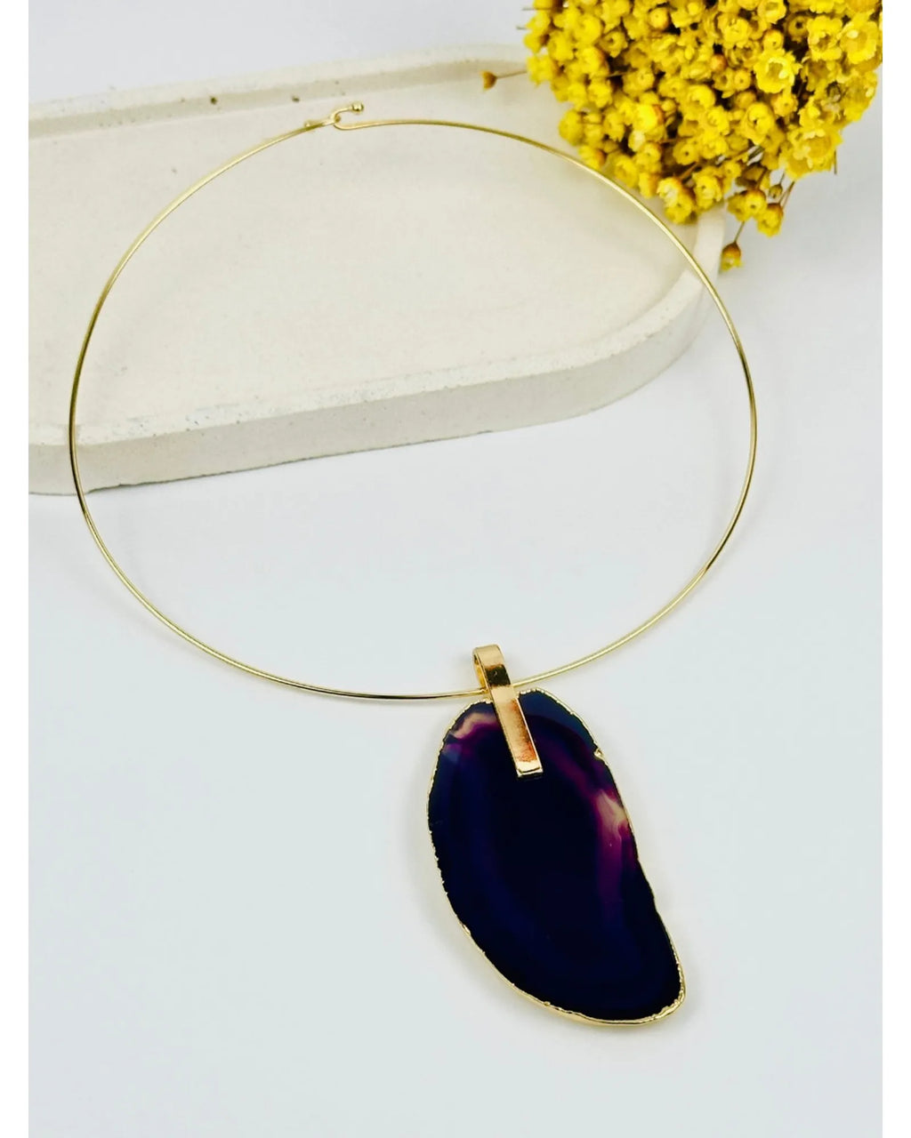 Colar Choker Aro fino com Ágata Roxa Ouro Semijoia