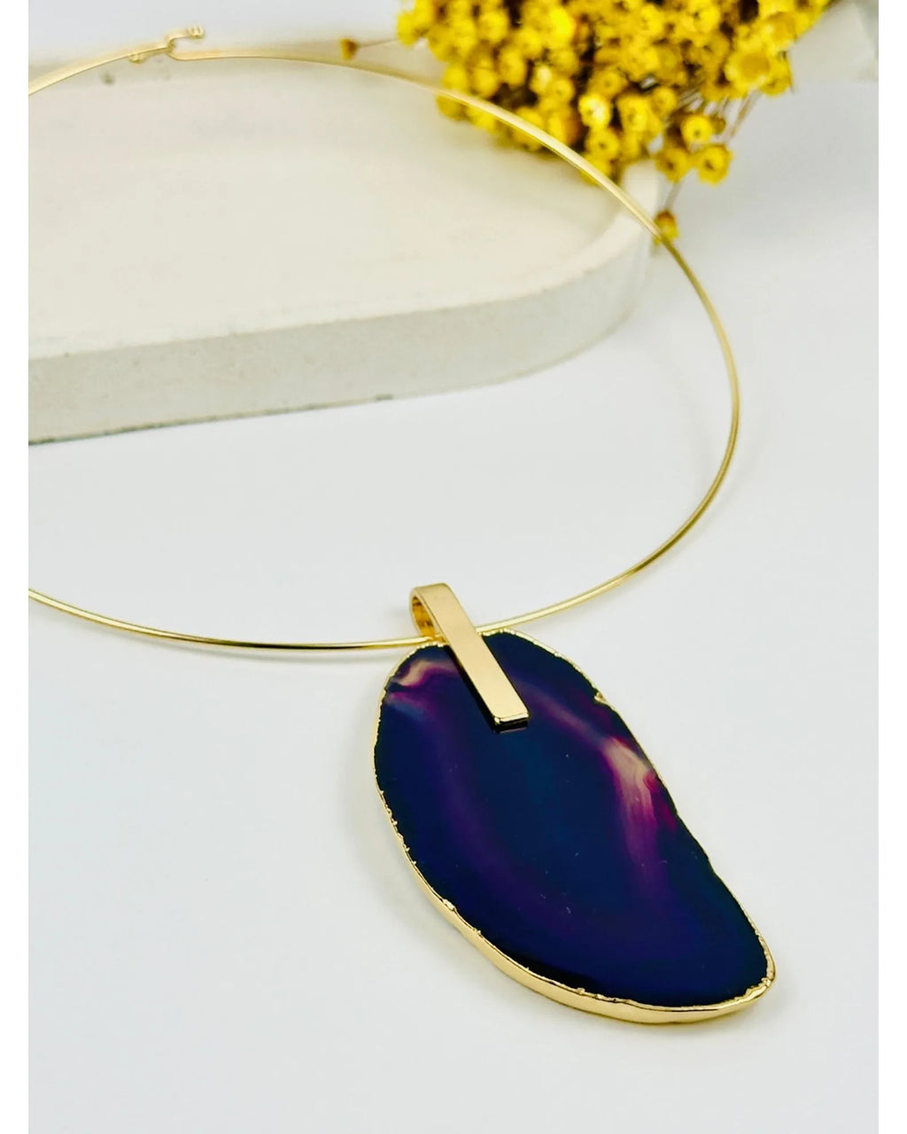 Colar Choker Aro fino com Ágata Roxa Ouro Semijoia