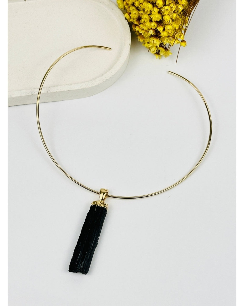 Colar Choker Aro Tubinho Turmalina Negra Cumprida Ouro Semijoia