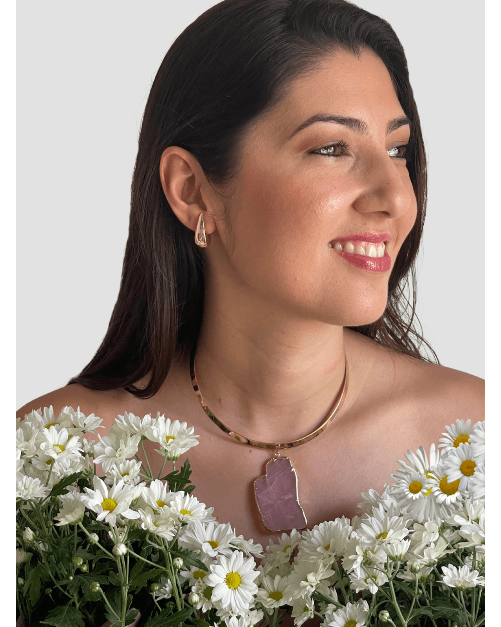 Colar Choker Aro Liso Slice Quartzo Rosa Ouro Semijoia