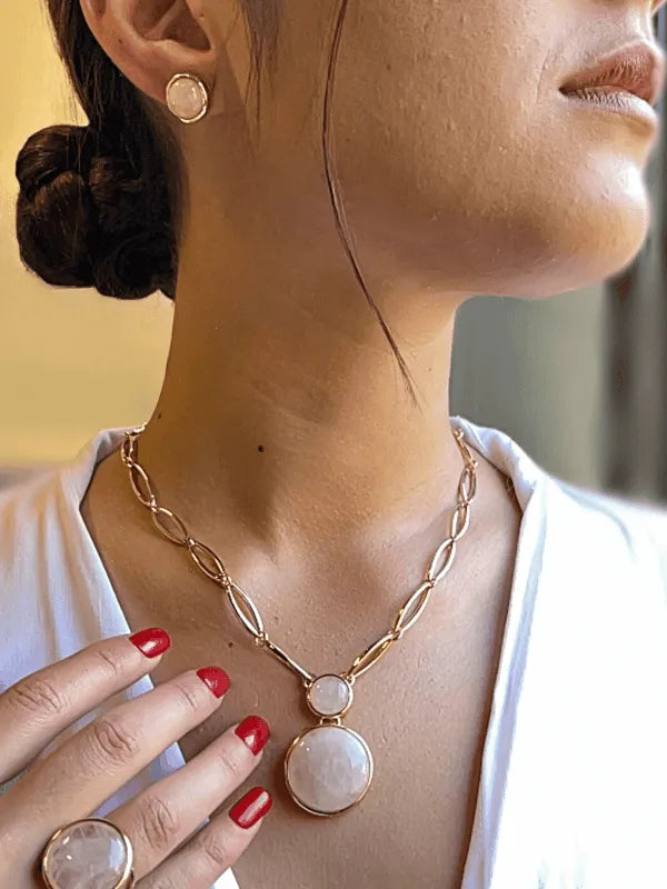 Conjunto Colar e Brinco Duo Quartzo Rosa Ouro Semijoia