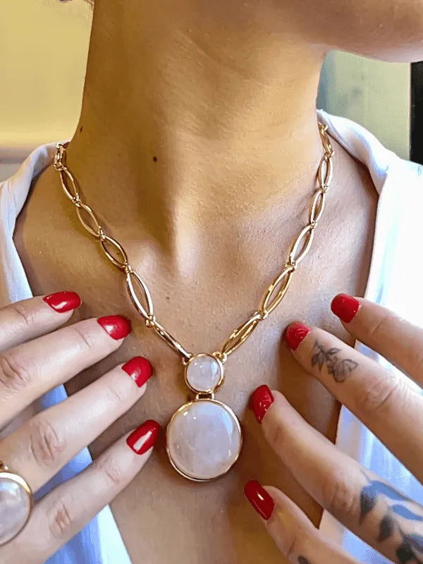 Conjunto Colar e Brinco Duo Quartzo Rosa Ouro Semijoia