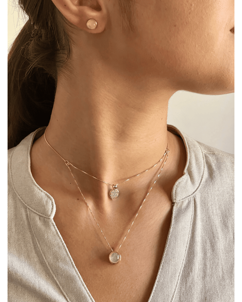 Conjunto Brinco e Colar Duplo QUARTZO ROSA Ouro Semijoia