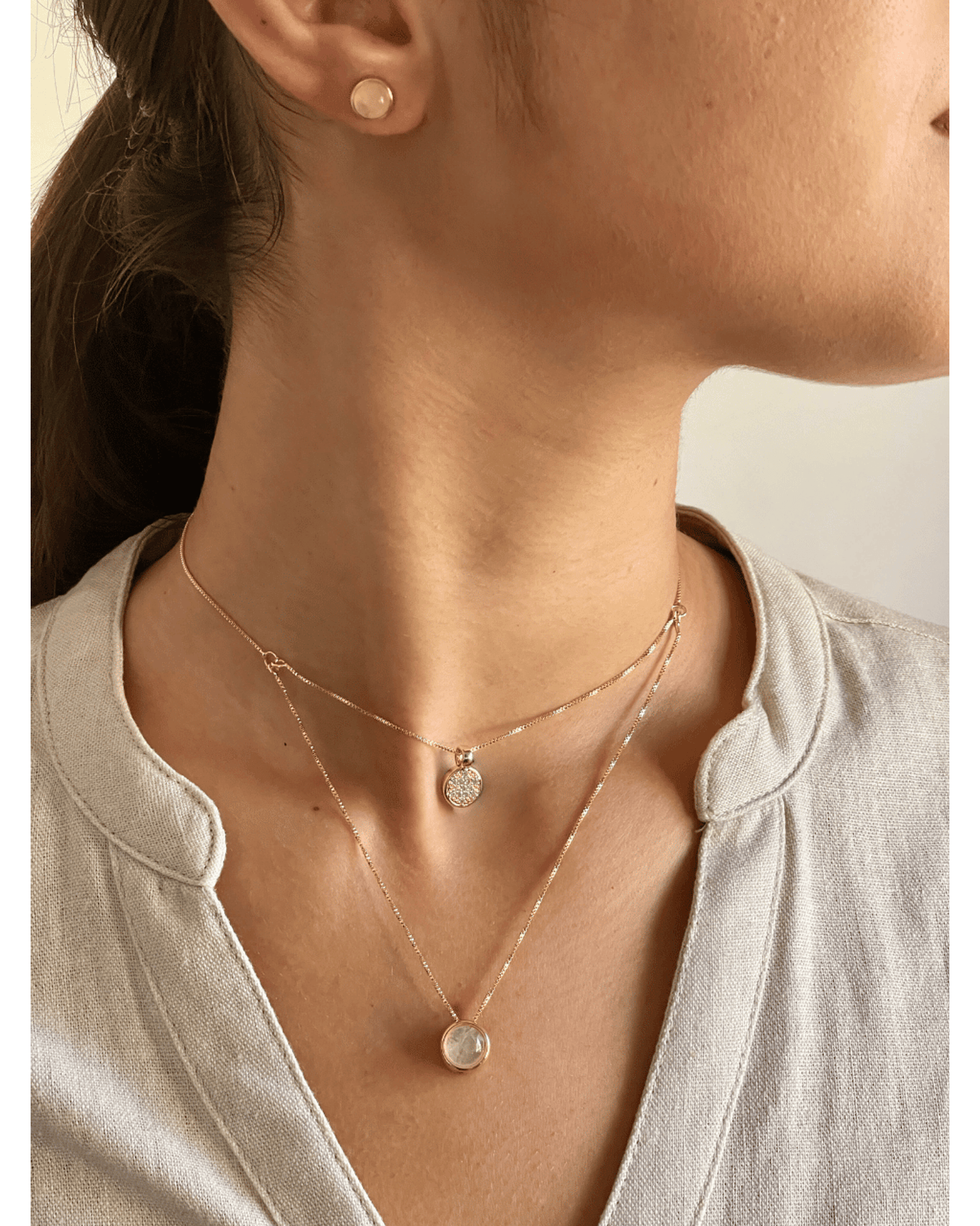 Conjunto Brinco e Colar Duplo QUARTZO ROSA Ouro Semijoia