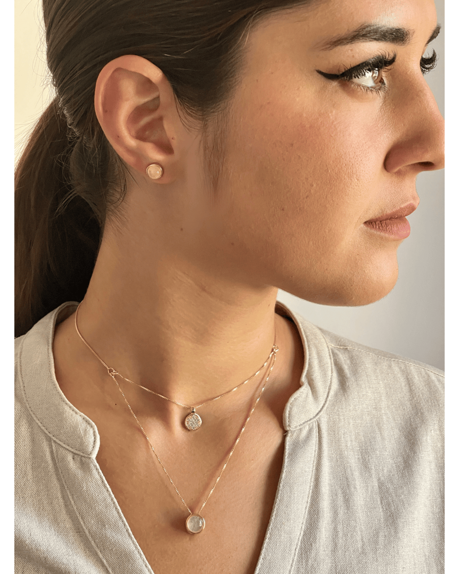 Conjunto Brinco e Colar Duplo QUARTZO ROSA Ouro Semijoia