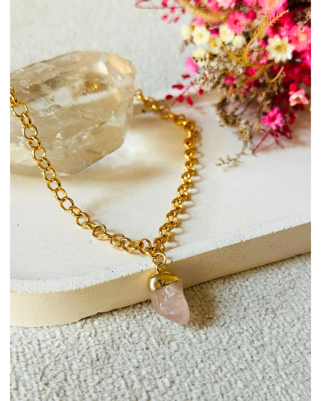 Colar Choker Elo Português Quartzo Rosa Ouro Semijoia