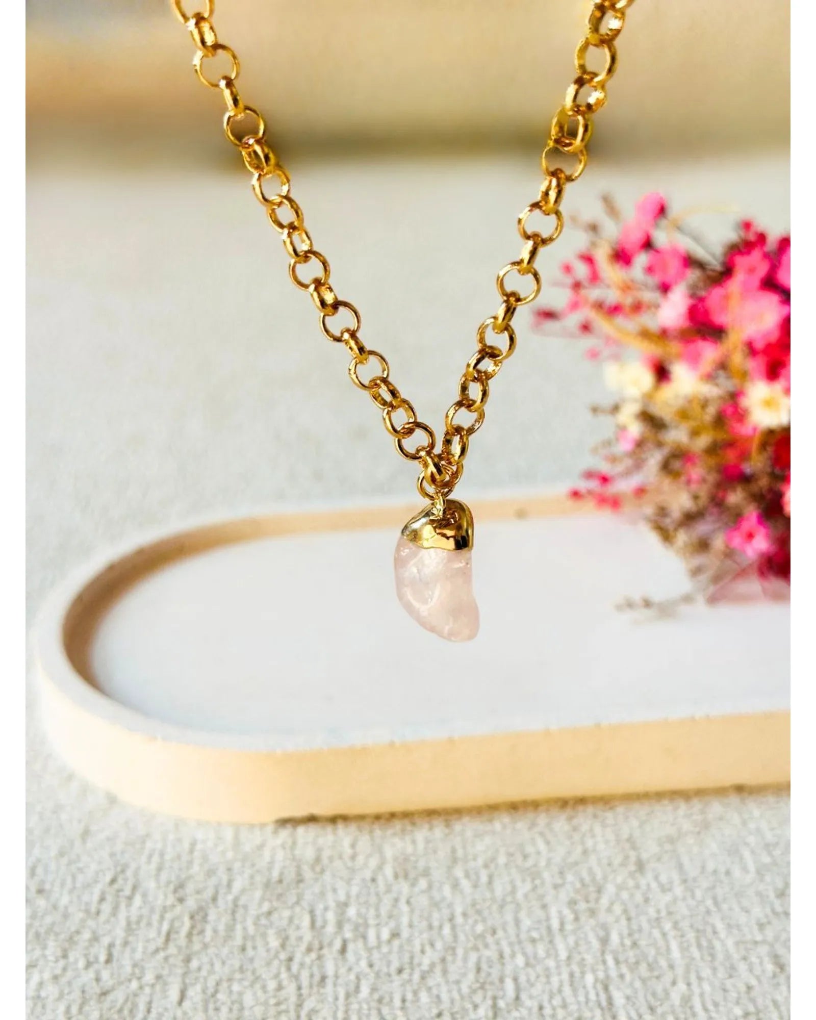 Colar Choker Elo Português Quartzo Rosa Ouro Semijoia