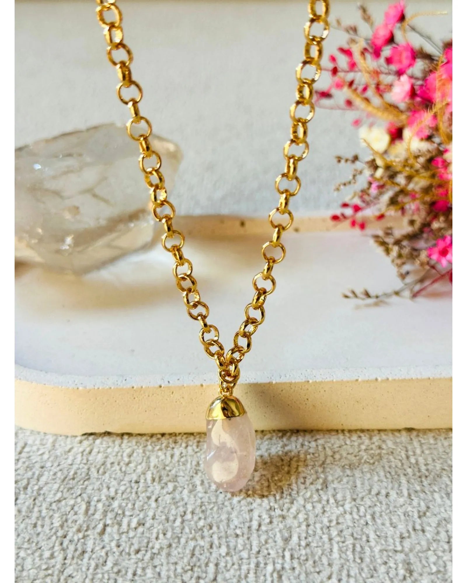 Colar Choker Elo Português Quartzo Rosa Ouro Semijoia
