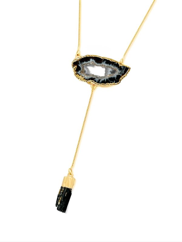 Colar Geodo Pendente Turmalina Negra Ouro Semijoia