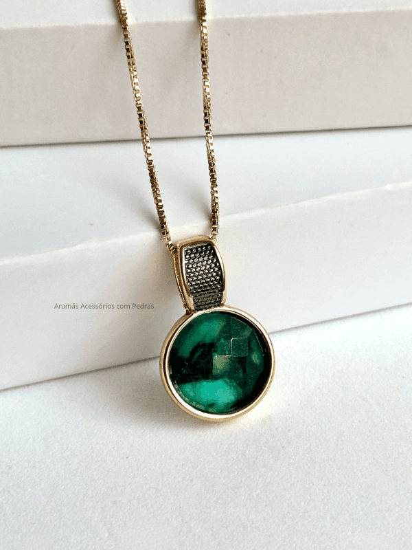 Conjunto Colar e Brinco redondo ESMERALDA Ouro Semijoia