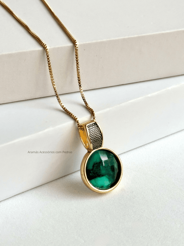 Conjunto Colar e Brinco redondo ESMERALDA Ouro Semijoia