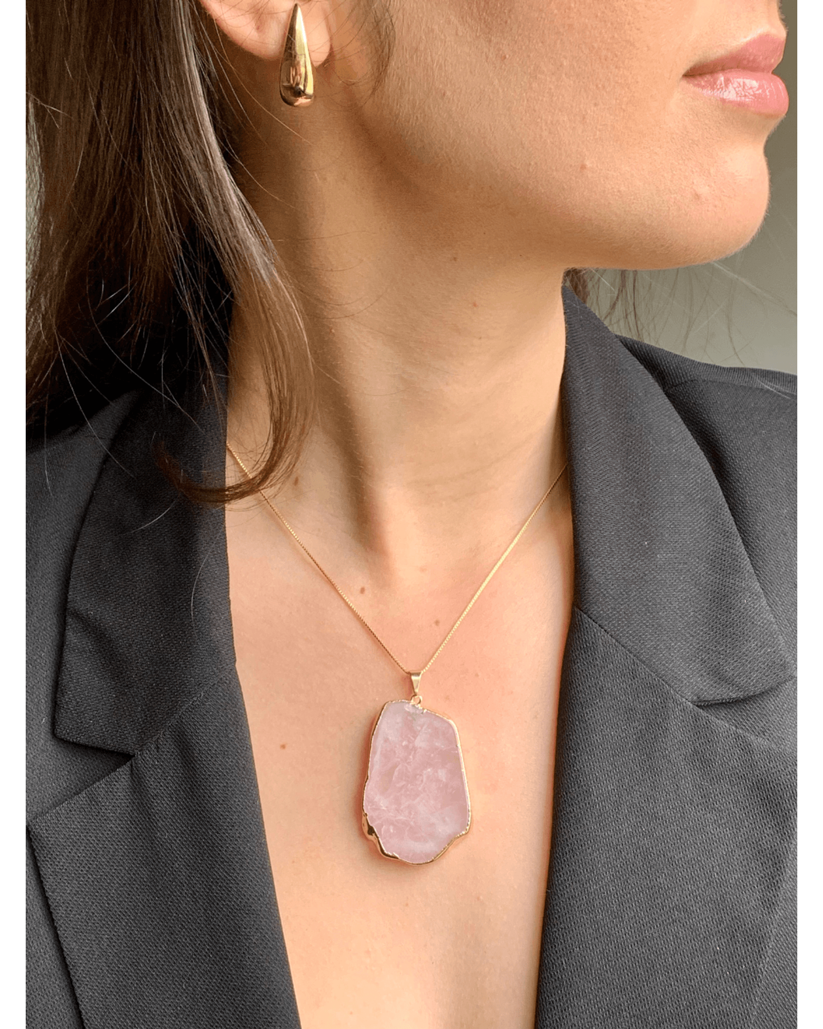 Colar Corrente Slice Quartzo Rosa Ouro semijoia