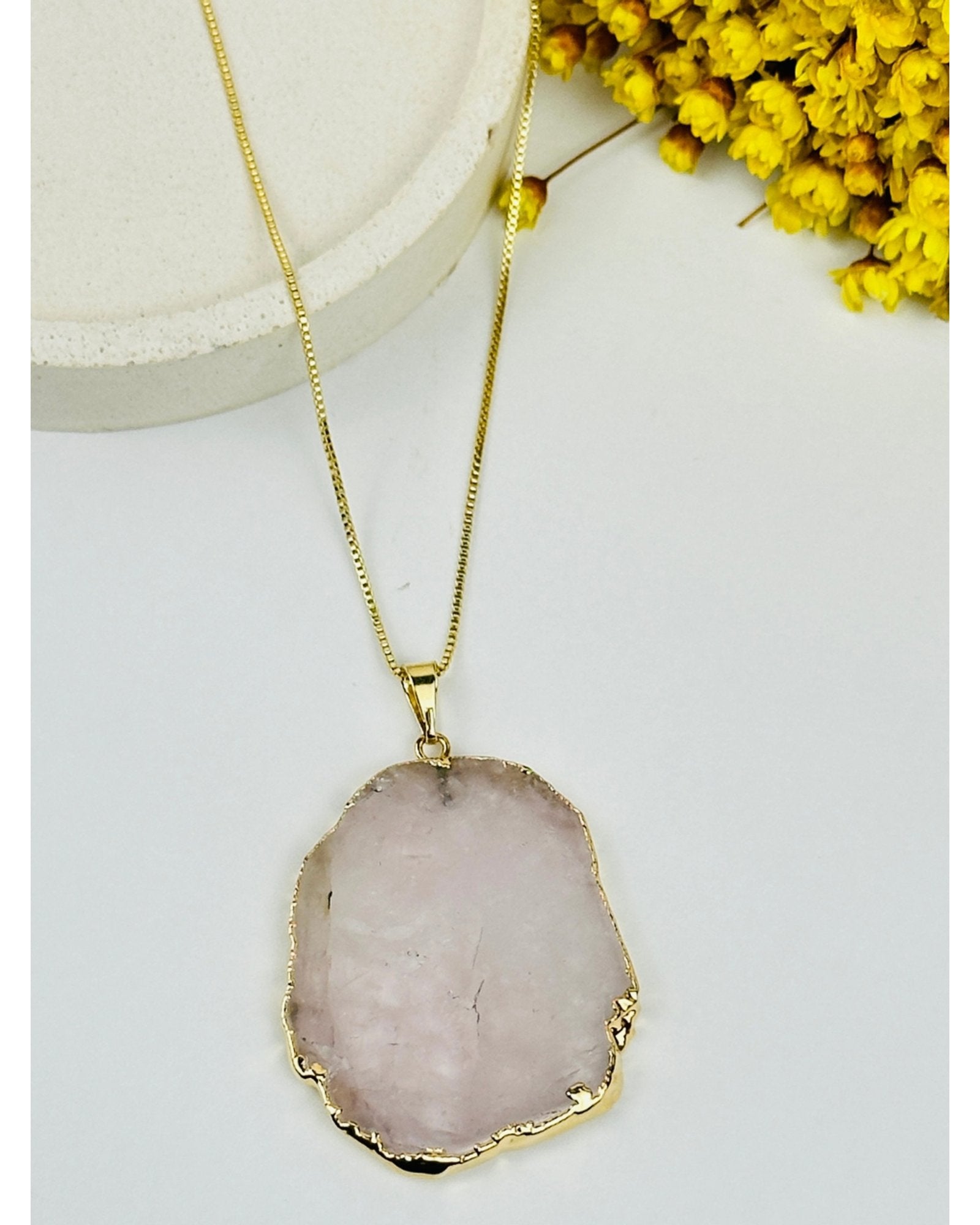 Colar Corrente Slice Quartzo Rosa Ouro semijoia