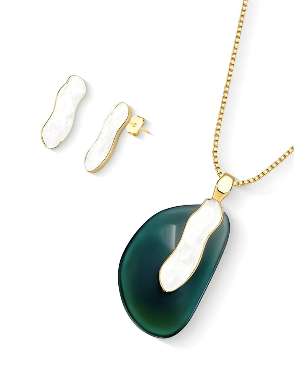 Conjunto Colar e Brinco Ágata verde com Selenita Ouro Semijoia
