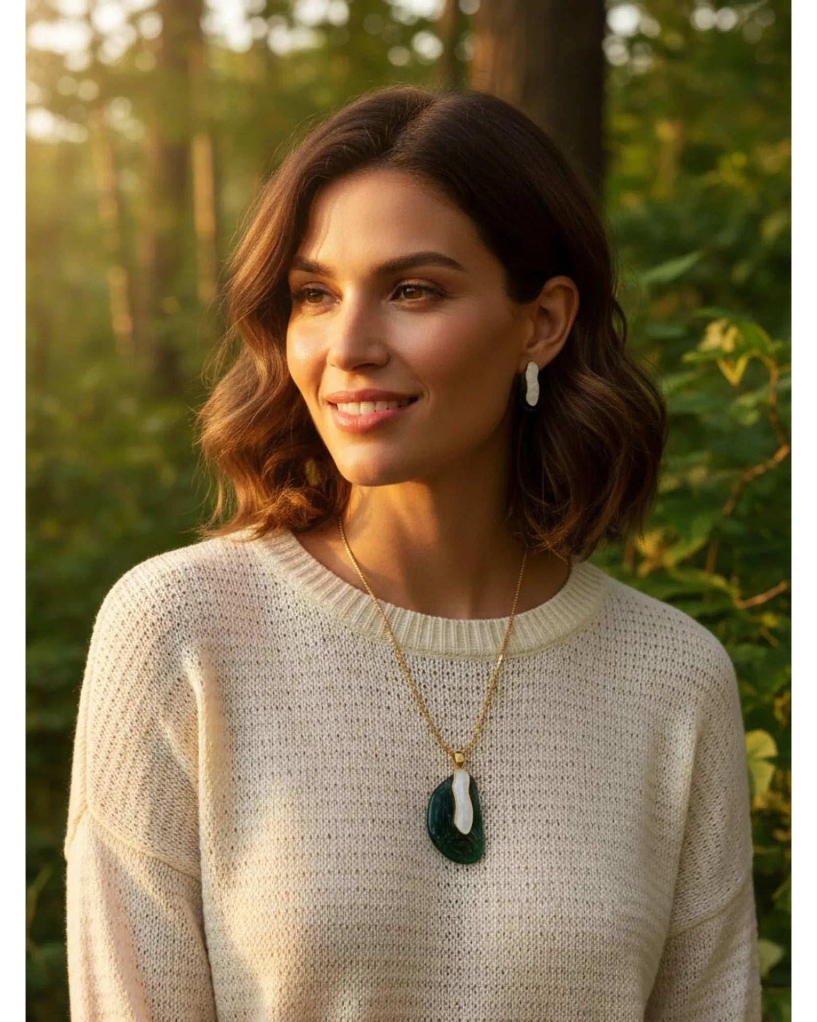 Conjunto Colar e Brinco Ágata verde com Selenita Ouro Semijoia