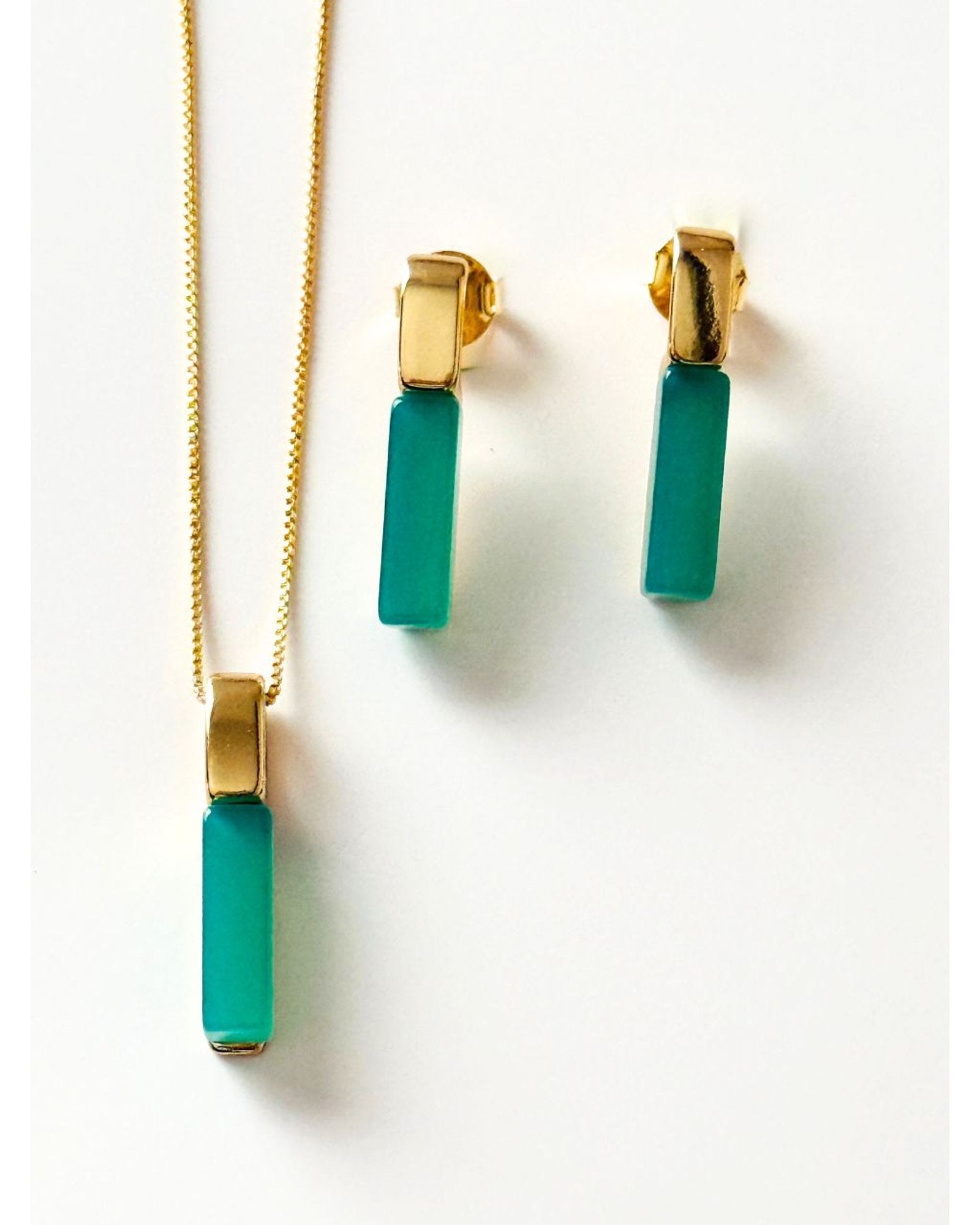 Conjunto Colar e Brinco Geométrico Ágata Verde Semijoia
