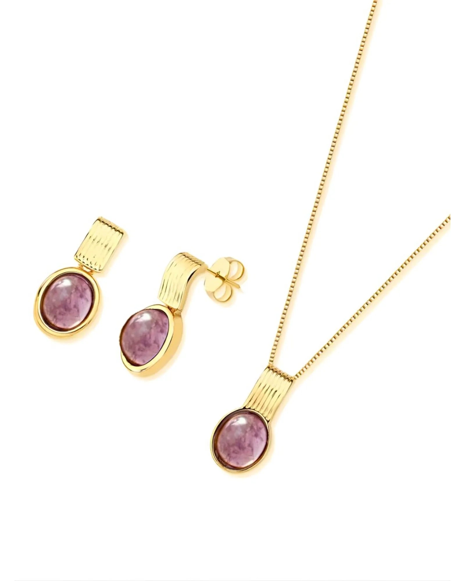 Conjunto Colar e Brinco Oval Ametista Ouro semijoia