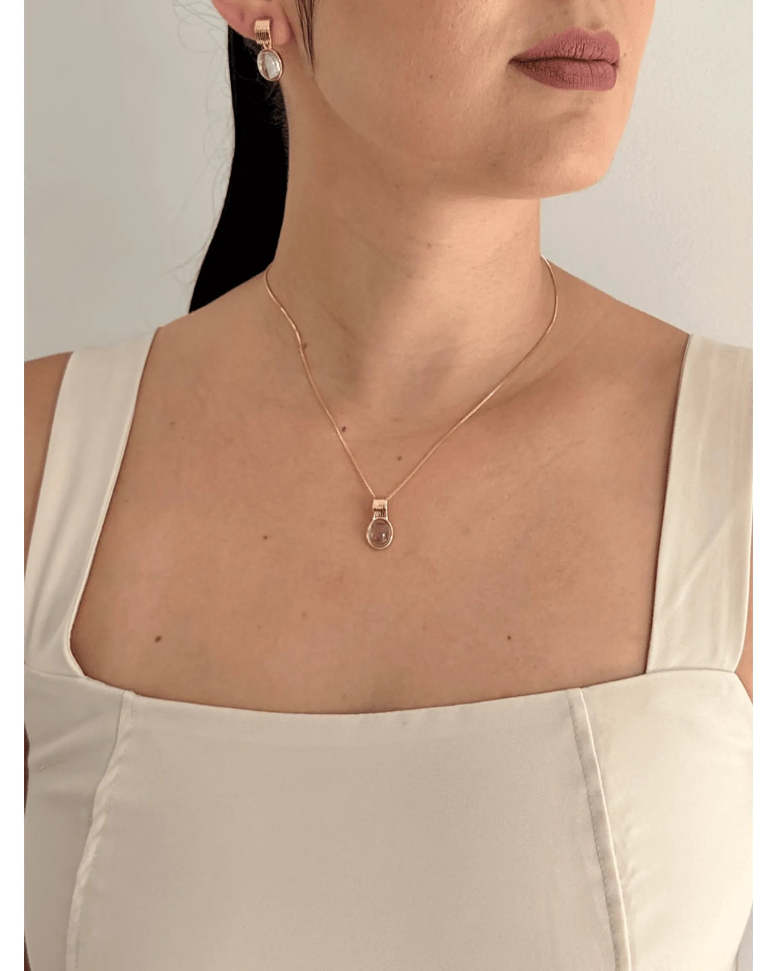 Conjunto Colar e Brinco Oval Ametista Ouro semijoia