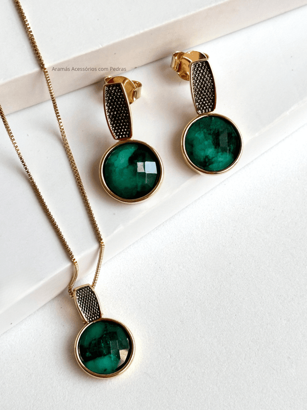 Conjunto Colar e Brinco redondo ESMERALDA Ouro Semijoia