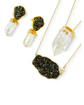 Conjunto Brinco e Colar Escapulário Ponta de Cristal com Pirita Ouro Semijoia