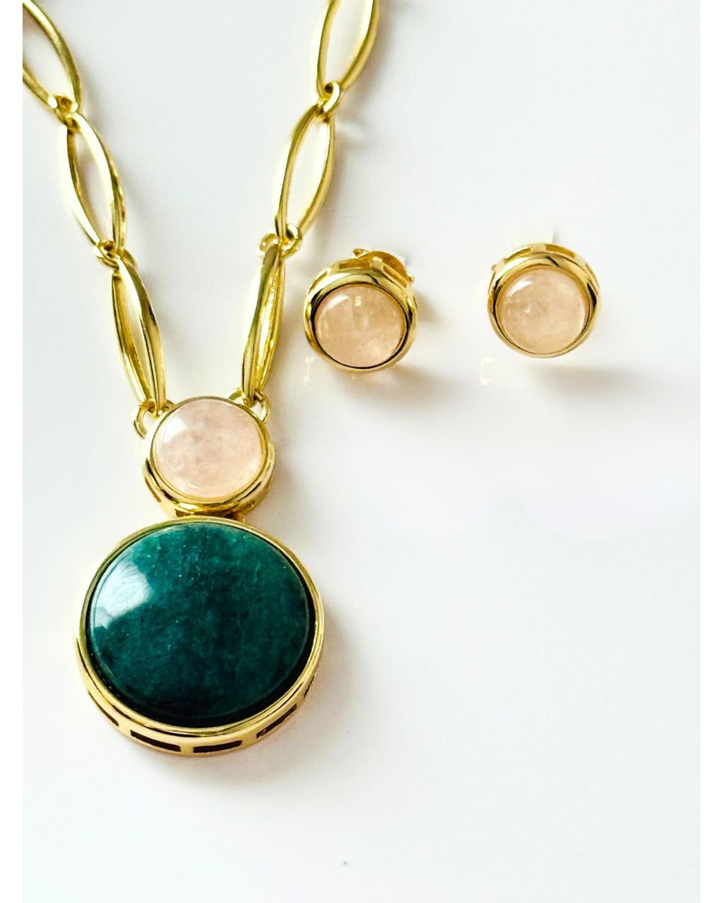 Conjunto Brinco e Colar Duo Quartzo Rosa e Quartzo Verde Ouro Semijoia