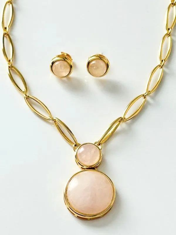 Conjunto Colar e Brinco Duo Quartzo Rosa Ouro Semijoia