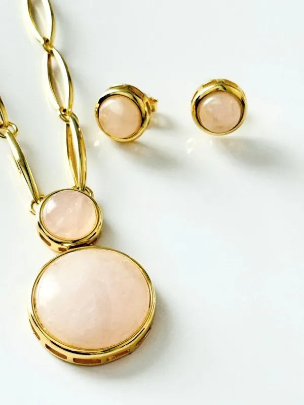 Conjunto Colar e Brinco Duo Quartzo Rosa Ouro Semijoia