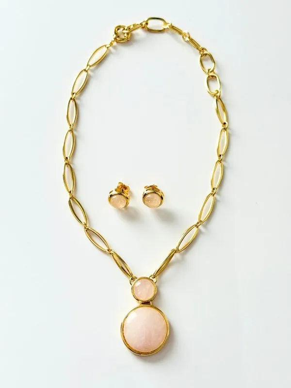 Conjunto Colar e Brinco Duo Quartzo Rosa Ouro Semijoia