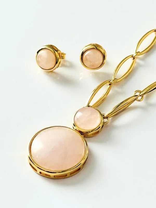 Conjunto Colar e Brinco Duo Quartzo Rosa Ouro Semijoia