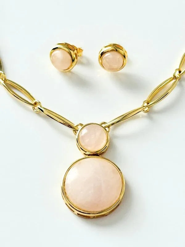 Conjunto Colar e Brinco Duo Quartzo Rosa Ouro Semijoia