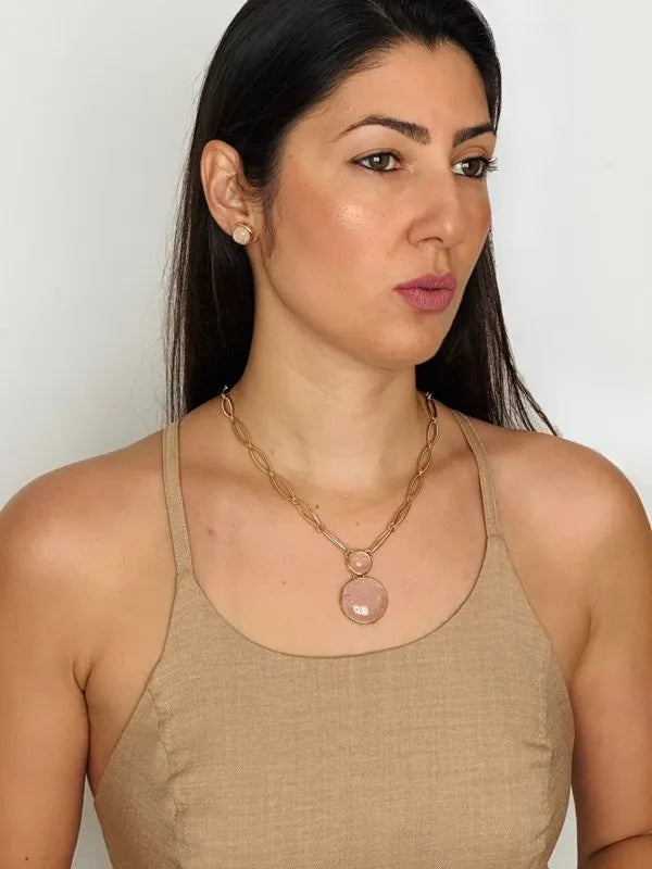 Conjunto Colar e Brinco Duo Quartzo Rosa Ouro Semijoia