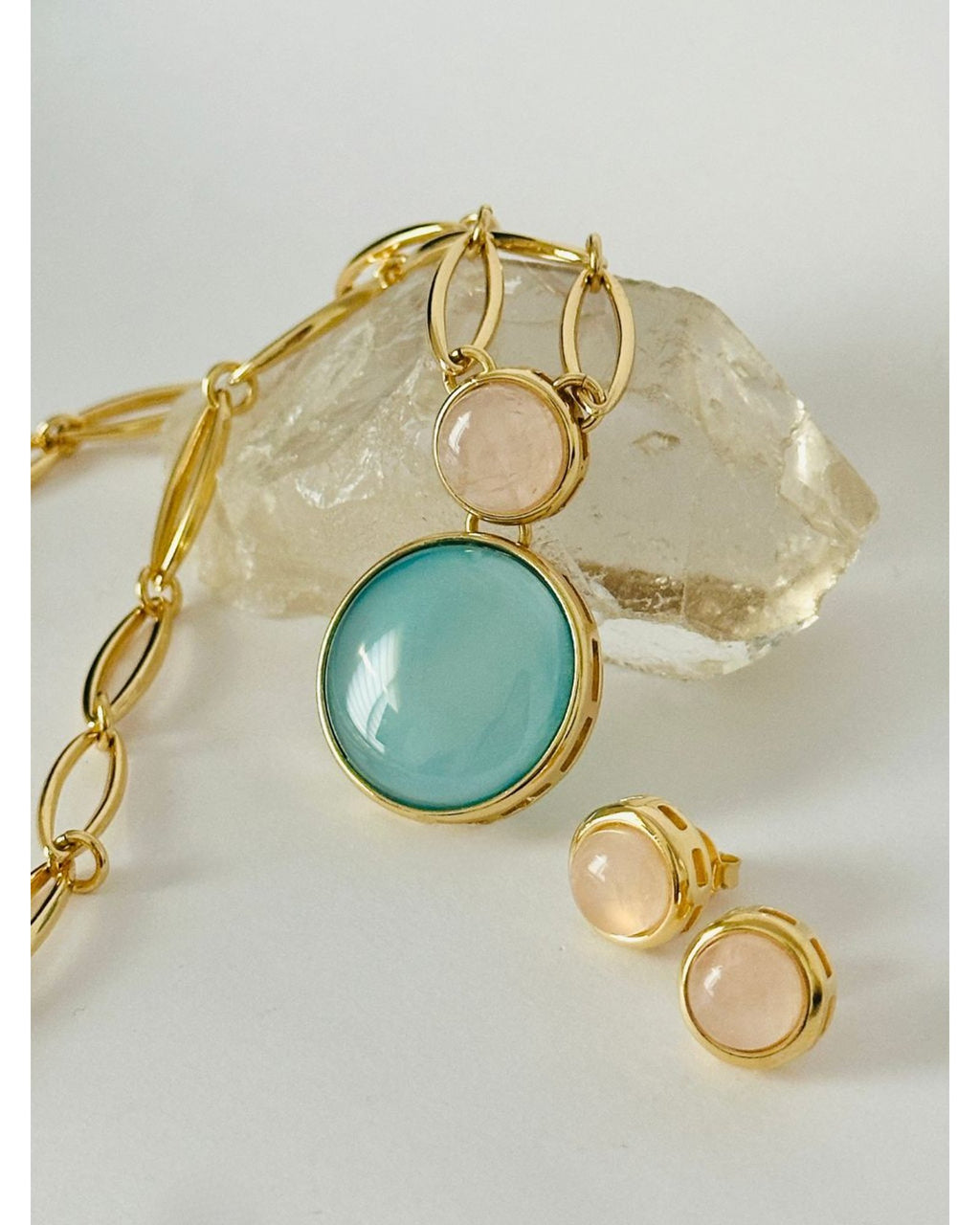 Conjunto Colar e Brinco Duo Quartzo Rosa E Ágata Azul Céu