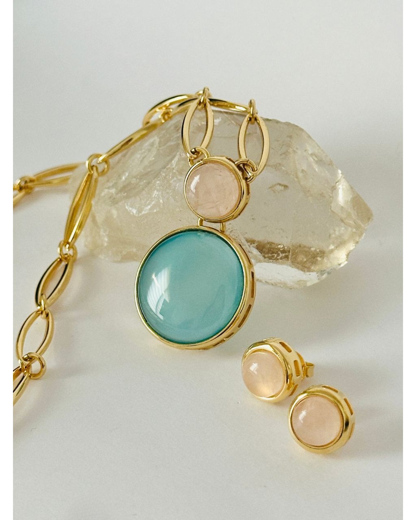 Conjunto Colar e Brinco Duo Quartzo Rosa E Ágata Azul Céu