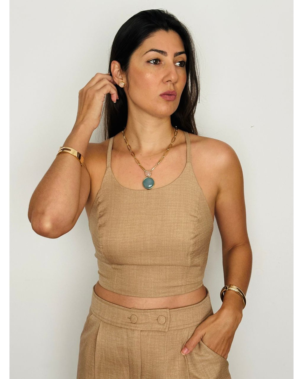 Conjunto Colar e Brinco Duo Quartzo Rosa E Ágata Azul Céu
