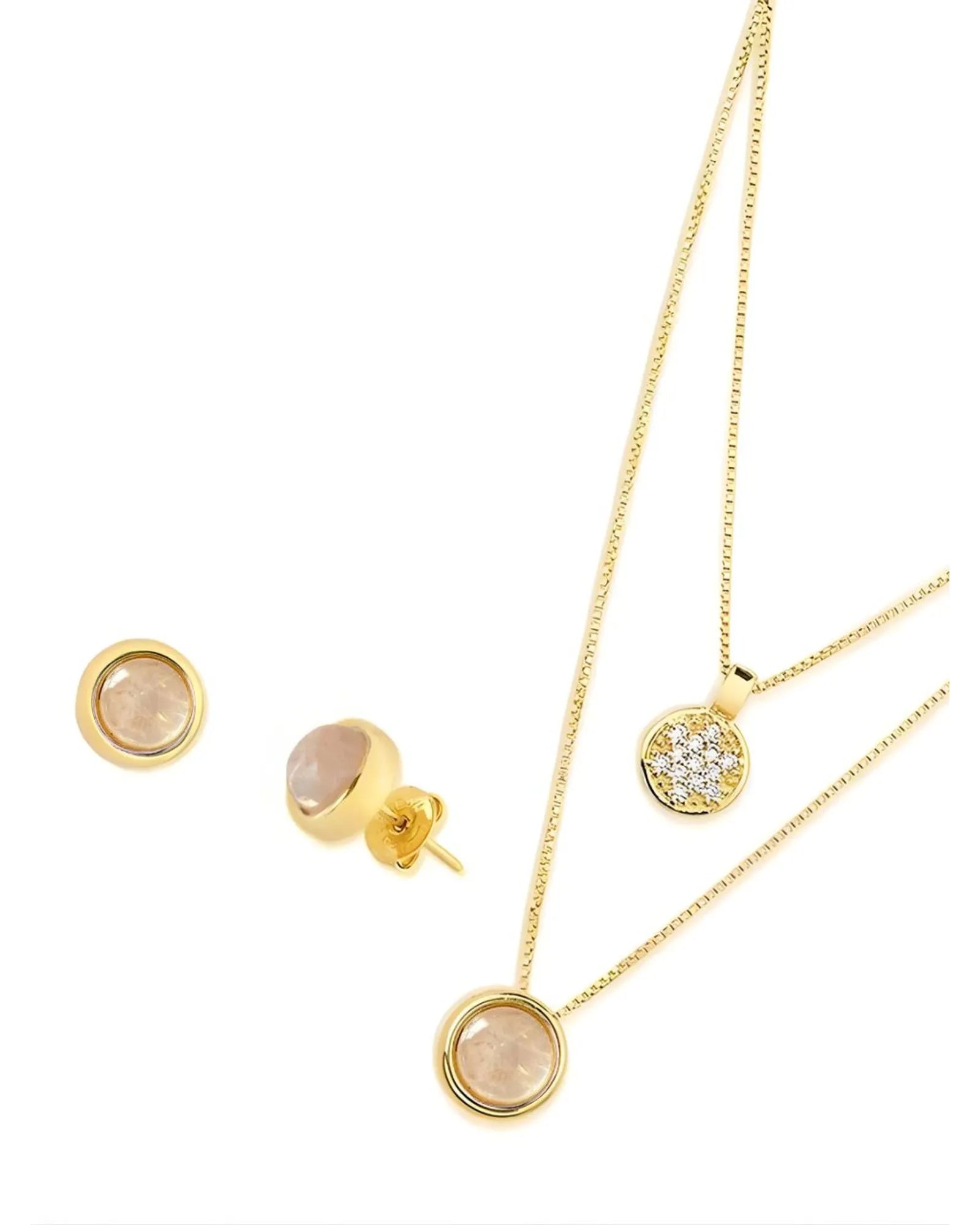Conjunto Brinco e Colar Duplo QUARTZO ROSA Ouro Semijoia