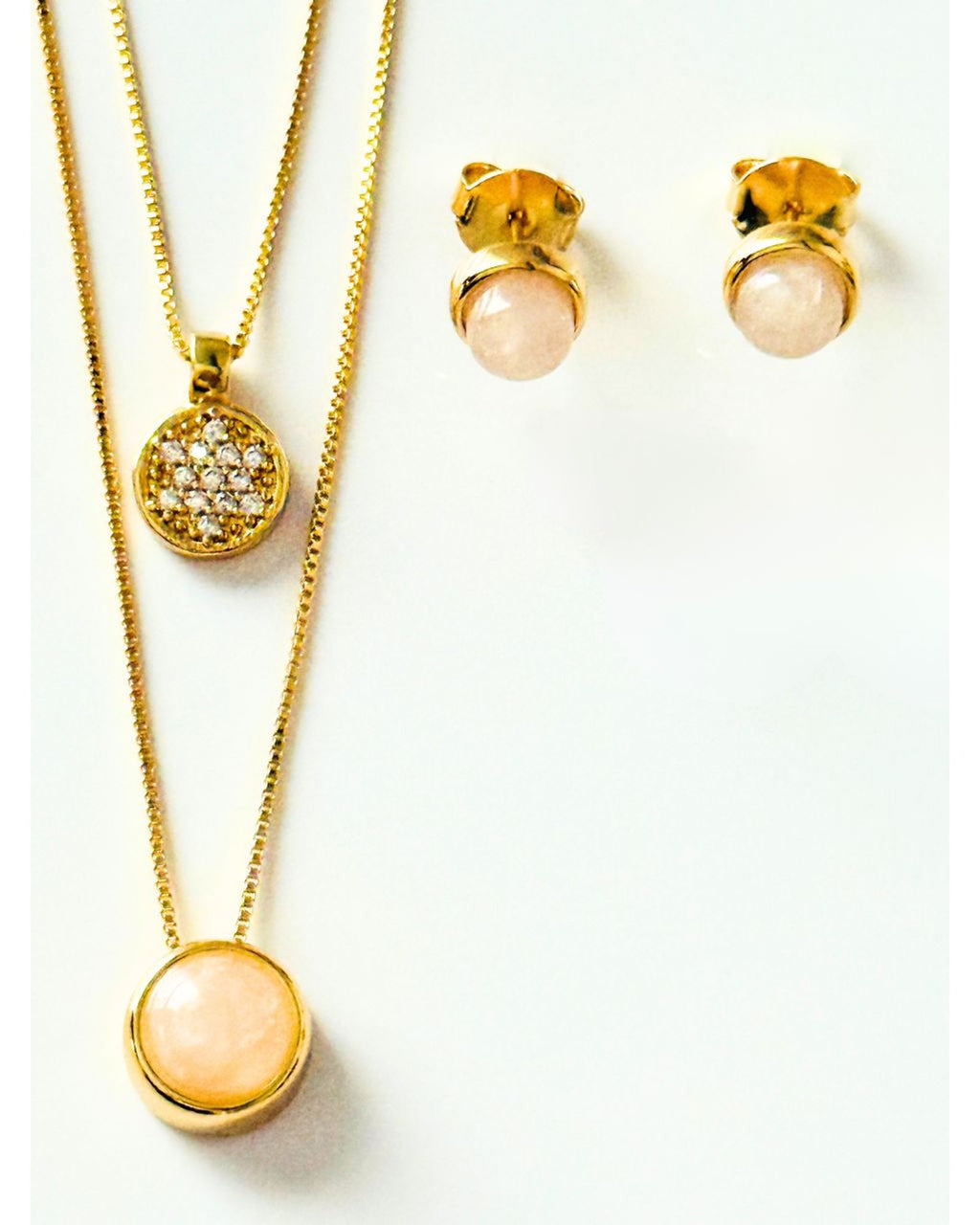 Conjunto Brinco e Colar Duplo QUARTZO ROSA Ouro Semijoia