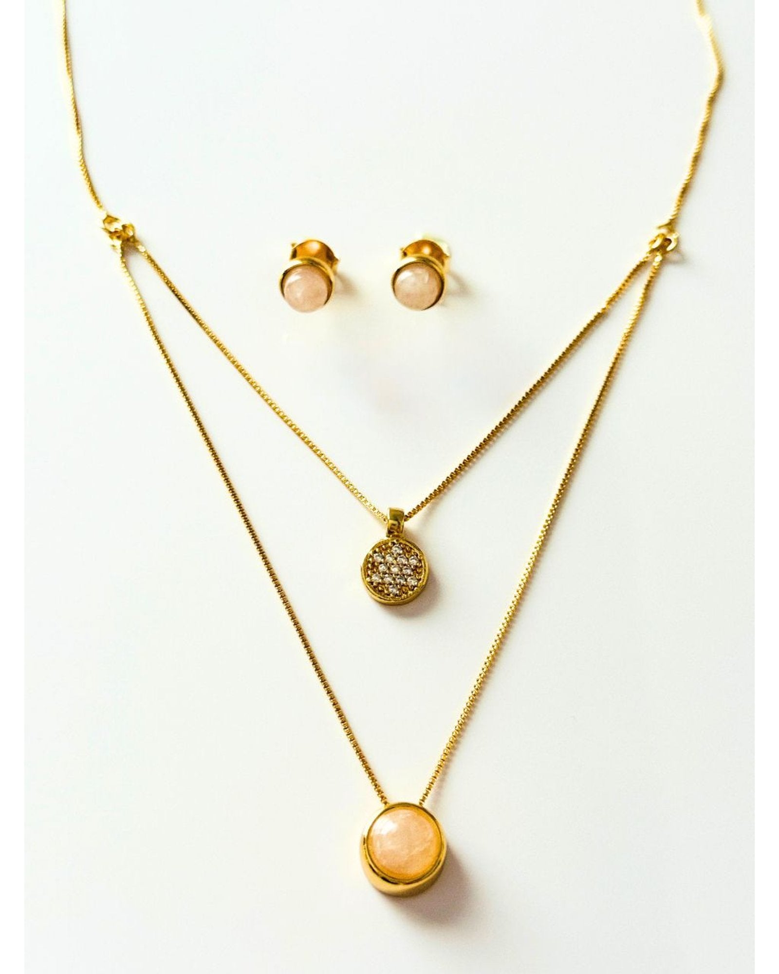 Conjunto Brinco e Colar Duplo QUARTZO ROSA Ouro Semijoia