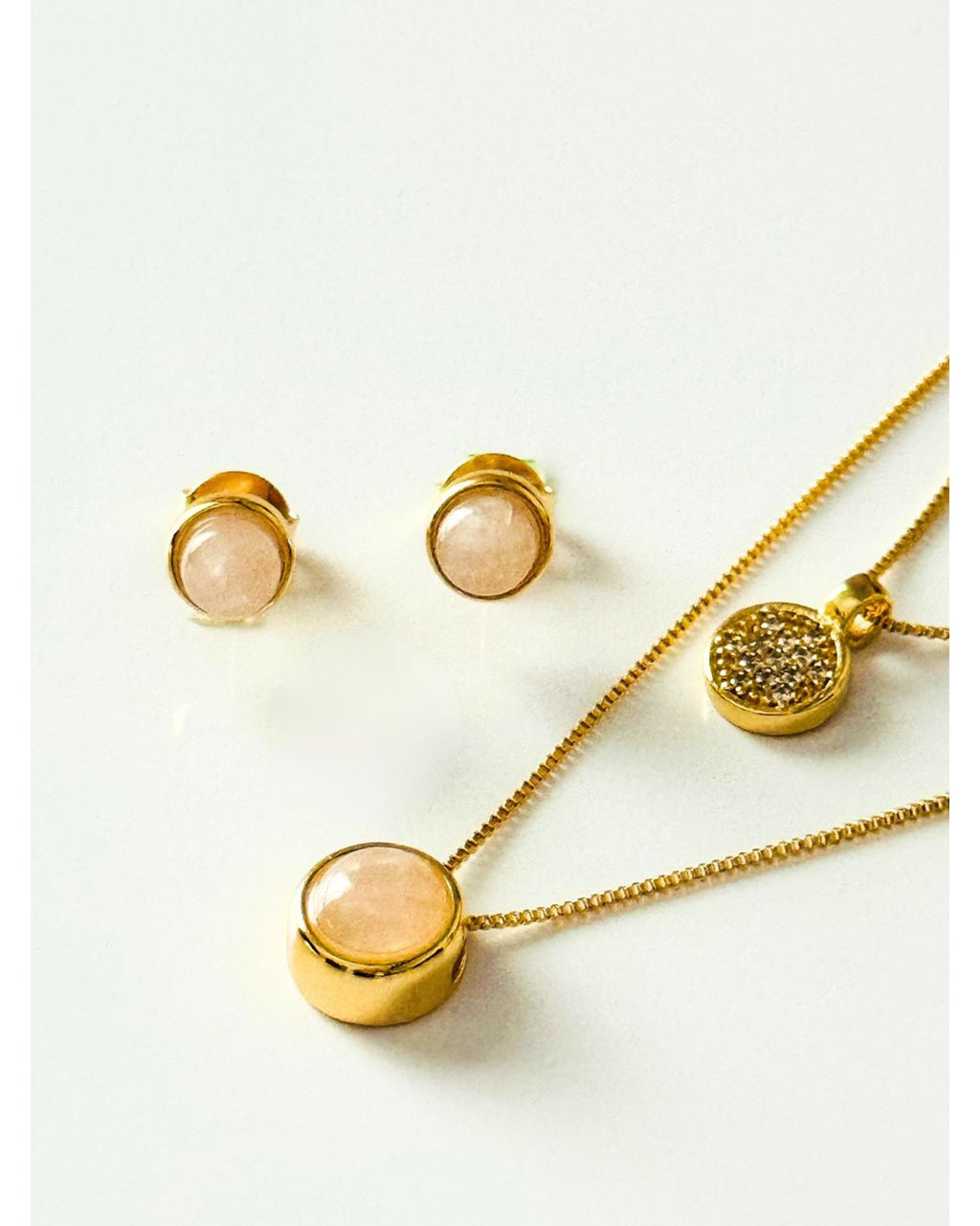 Conjunto Brinco e Colar Duplo QUARTZO ROSA Ouro Semijoia