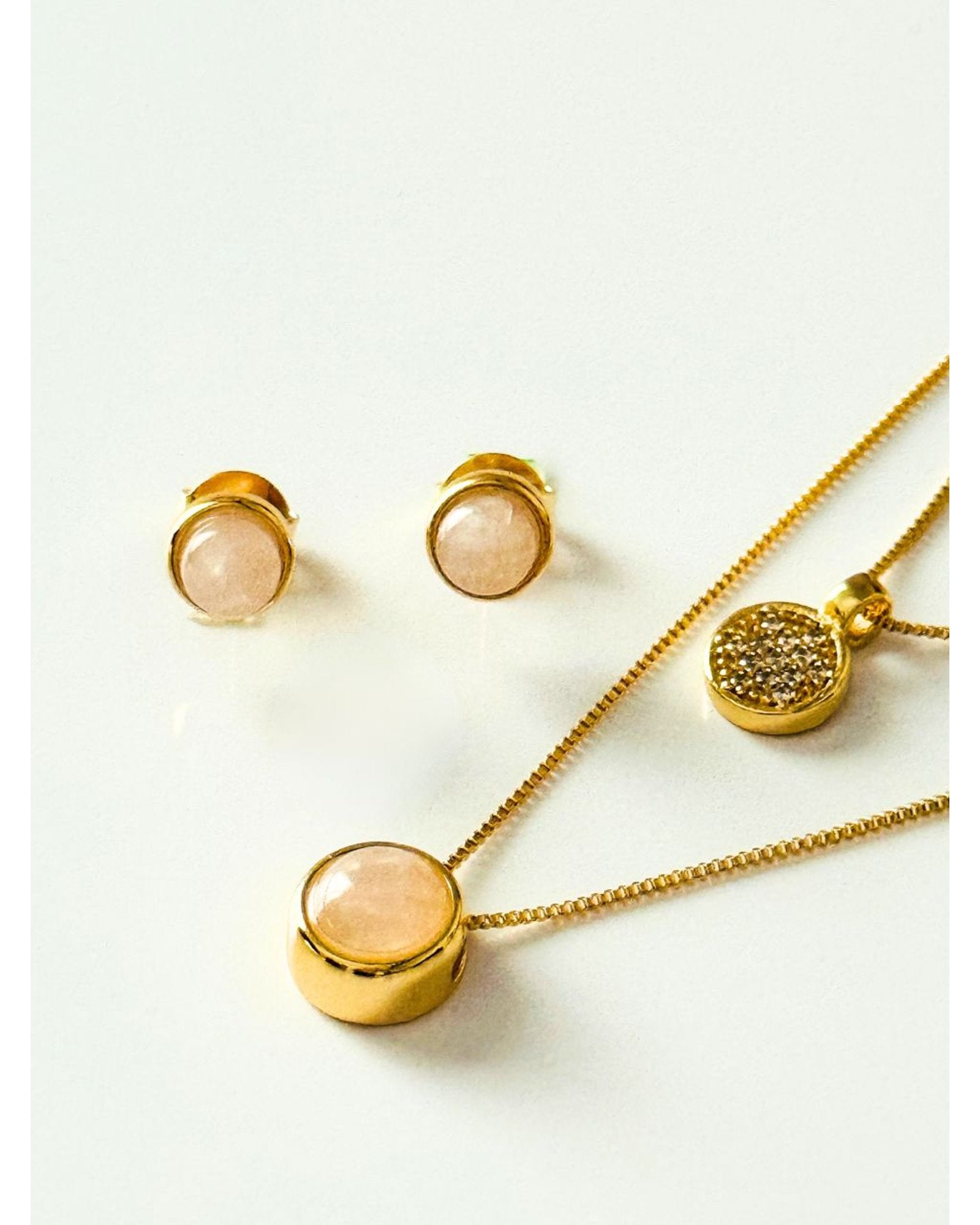 Conjunto Brinco e Colar Duplo QUARTZO ROSA Ouro Semijoia